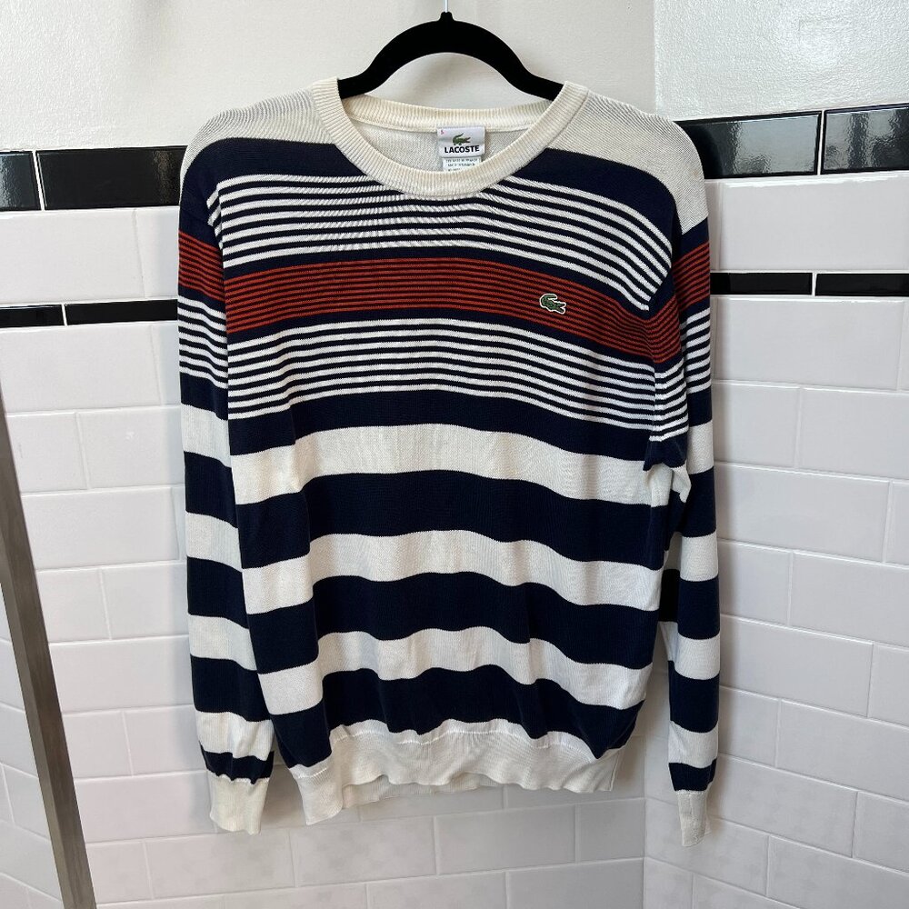 *VGUC* Lacoste Cotton Crewneck Sweater - White & Blue Stripe - Size Small